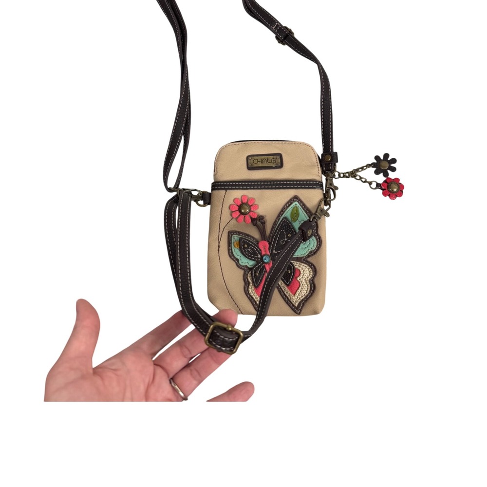 Chala Butterfly Cell Phone Crossbody Purse Bag Tan Vegan Leather Travel Festival